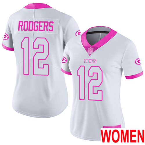 Green Bay Packers Limited White Pink Women #12 Rodgers Aaron Jersey Nike NFL Rush Fashion->nfl t-shirts->Sports Accessory